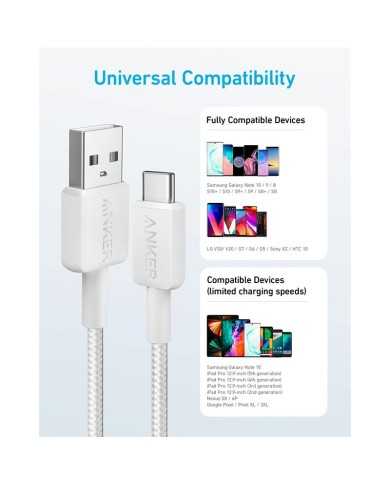 CABLE ANKER 322 USB-A TO USB-C TRENZADO 1.8M 45W WHITE CABLE ANKER 322 USB-A TO USB-C TRENZADO 1.8M 45W WHITE