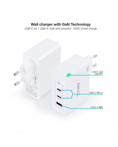 CARGADOR DE PARED TOOQ 100W USB-A/QC+ 2XUSB-C/PD WHITE