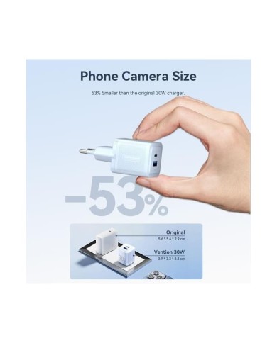 CARGADOR DE PARED VENTION GAN USB-C USB-A 30W WHITE