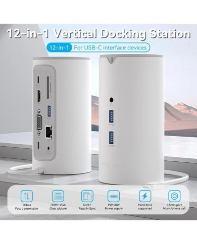 DOCK STATION VENTION 12 EN 1 USB-C A HDMI/VGA/USB-C/USB-A/RJ45/MICROSD/JACK