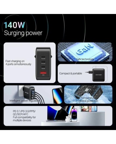 CARGADOR DE PARED VENTION GAN 3XUSB-C USB -A 140W BLACK + CABLE USB-C