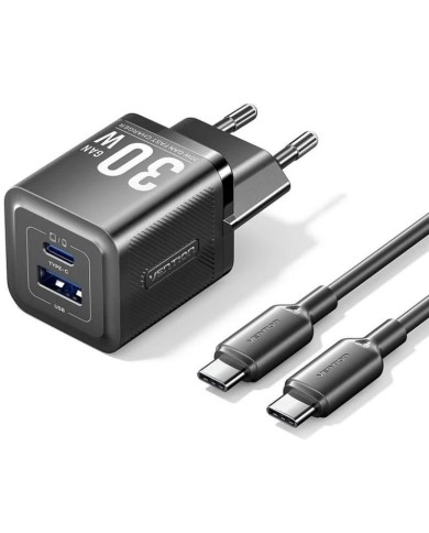 CARGADOR DE PARED VENTION GAN USB-C + USB-A 30W BLACK + CABLE UCB-C 1M BLACK