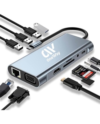 DOCK HUB ONEWAY USB-C 11 EN 1 HDMI/VGA/RJ45/USB 3.0/USB-C PD/MICROSD SILVER