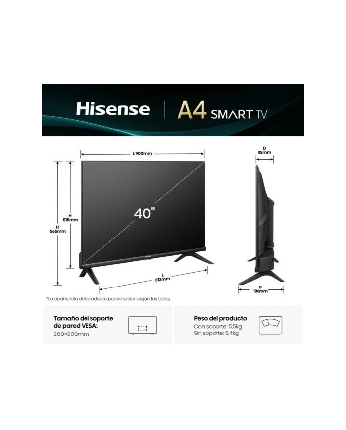 TELEVISOR HISENSE 40 LED UHD 4K USB SMART TV ANDROID WIFI HOTEL VIDAA BLUETOOTH