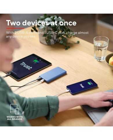 POWERBANK TRUST PRIMO SLIM 10000MAH X2 USB-A + USB-C + MICRO-USB ECO BLUE