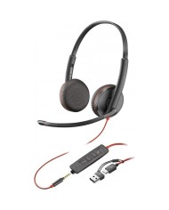 AURICULAR + MICROFONO POLY BLACKWIRE 3225 BIAURAL 3.5MM + ADAPTADOR USB-A/C