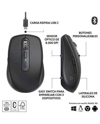 RATON LOGITECH MX ANYWHERE 3S WIRELESS BT 8000DPI 6 BOTONES BLACK