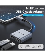 CABLE CONVERSOR VENTION USB-C/M - 2X USB-C/H AUDIO/CARGA GREY