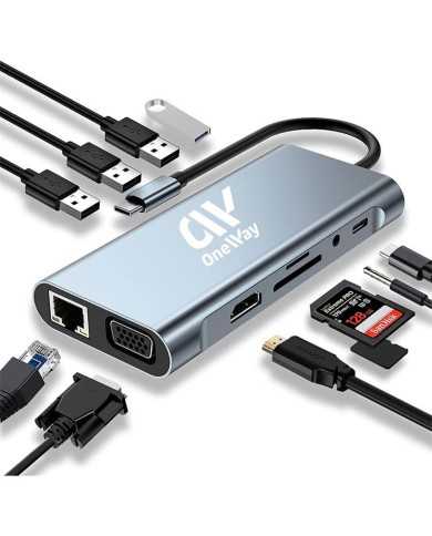 DOCK HUB ONEWAY USB-C 11 EN 1 HDMI/VGA/RJ45/USB 3.0/USB-C PD/MICROSD SILVER