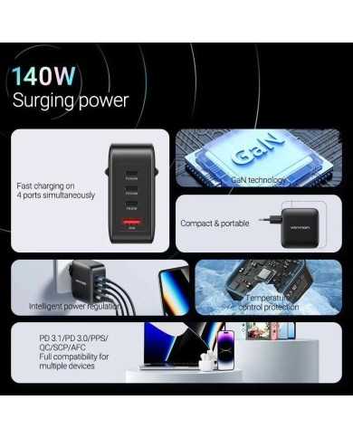 CARGADOR DE PARED VENTION GAN 3XUSB-C USB -A 140W BLACK + CABLE USB-C