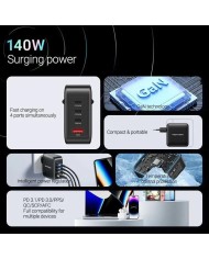 CARGADOR DE PARED VENTION GAN 3XUSB-C USB -A 140W BLACK + CABLE USB-C