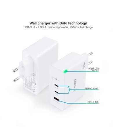 CARGADOR DE PARED TOOQ 100W USB-A/QC+ 2XUSB-C/PD WHITE