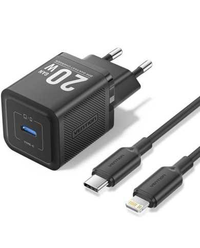 CARGADOR DE PARED VENTION GAN USB-C 20W BLACK + CABLE UCB-C - LIGHTNING 1M BLACK