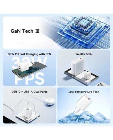 CARGADOR DE PARED VENTION GAN USB-C + USB-A 30W BLACK + CABLE UCB-C 1M BLACK