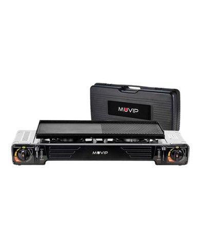 COCINA DE GAS PORTATIL DOBLE BOMBONA ACERO + PLANCHA + MALETIN MUVIP