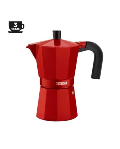 CAFETERA ITALIANA ALUMINIO 3 TAZAS VITRO ROJA MONIX