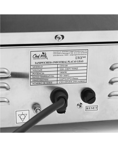 SANDWICHERA INDUSTRIAL PLACAS LISAS 1800W CHEF PRO