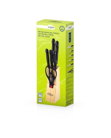 SET 7 CUCHILLOS +TIJERA INOX EN BASE SAN IGNACIO MADERA