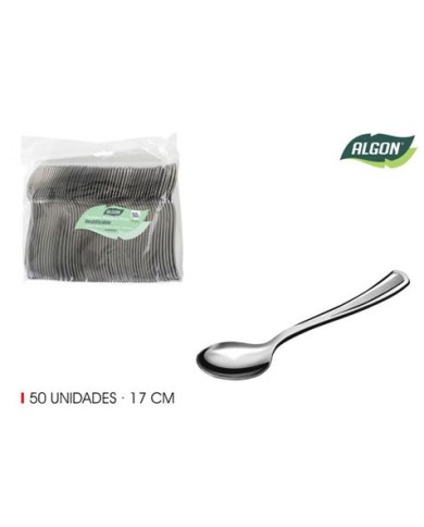 SET 50 CUCHARAS 17CM PLASTICO REUTILIZABLE PLATA ALGON