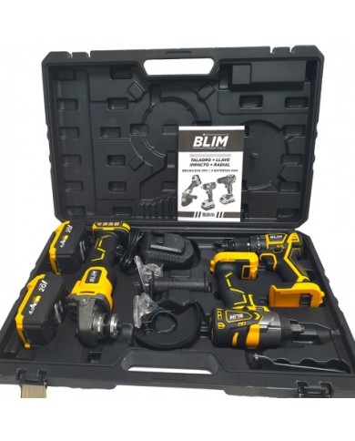 PACK 20V TALADRO + LLAVE IMPACTO + RADIAL S/CARBONES | 2 BATERIAS 4AH BLIM