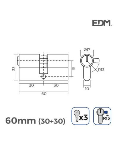 BOMBIN NIQUEL 60MM 30+30MM LEVA CORTA 3 LLAVES