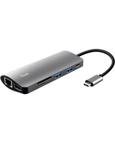 HUB TRUST DALYX USB-C 7 EN 1 HDMI USB-C USB MICRO SD RJ45 SILVER