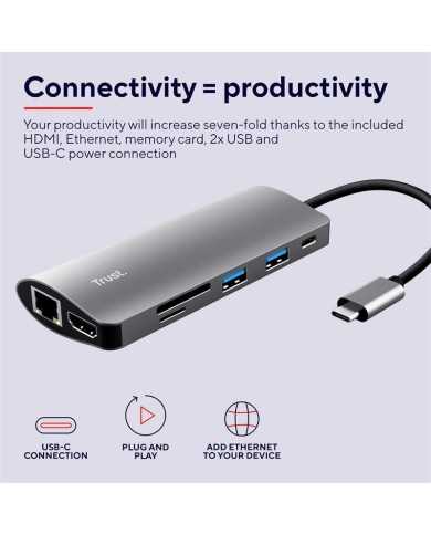 HUB TRUST DALYX USB-C 7 EN 1 HDMI USB-C USB MICRO SD RJ45 SILVER