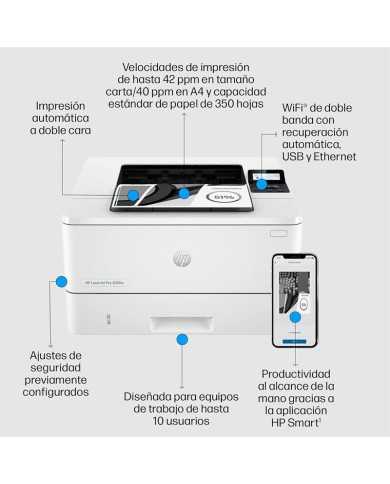 IMPRESORA HP LASERJET PRO LASER MONOCROMO 4002DW WIFI DUPLEX WHITE